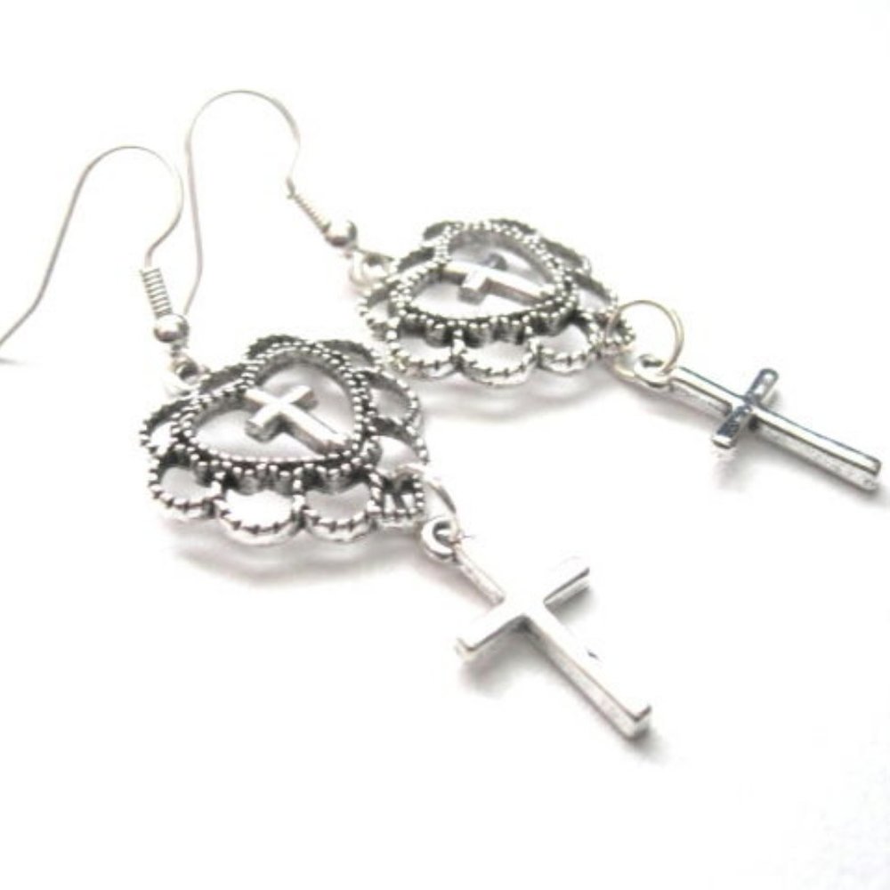 Filigree Heart Cross Dangle Earrings